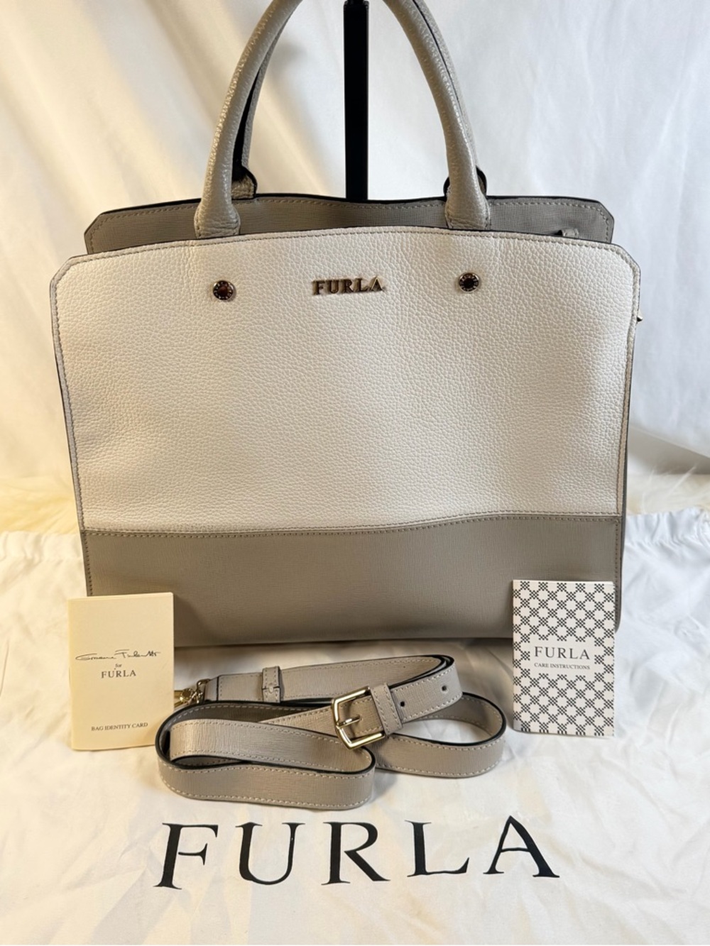 Furla Two-Tone White & Light Gray Leather Satchel